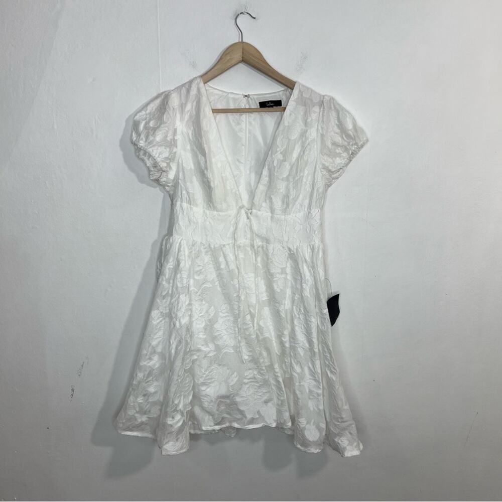 NWT Lulus Admirable Spirit White Floral Jacquard Puff Sleeve Mini Dress Size XL